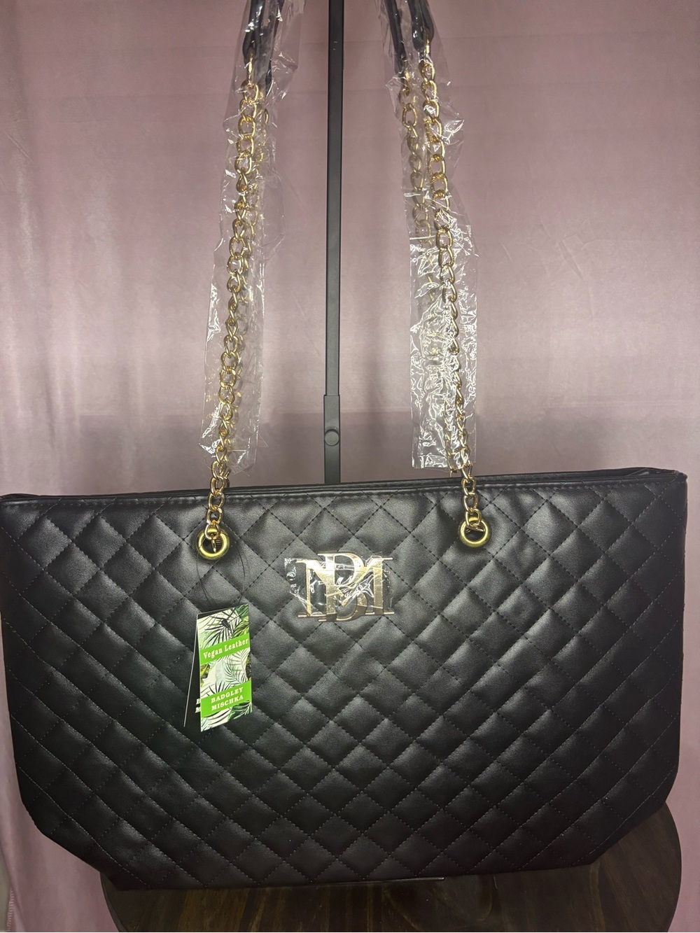 Badgley Mischka Black Quilted Tote with Gold Chain Handles